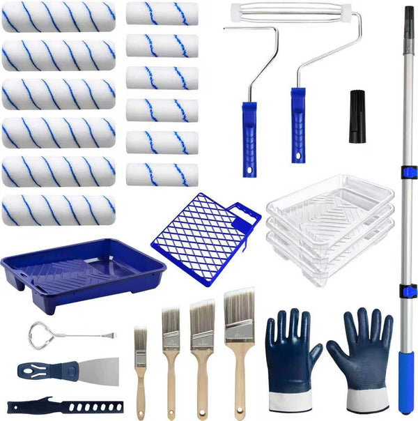 AURIXUS 28 PCS Paint Roller Kit with Extension Pole, 4"and 9" Paint Roller,