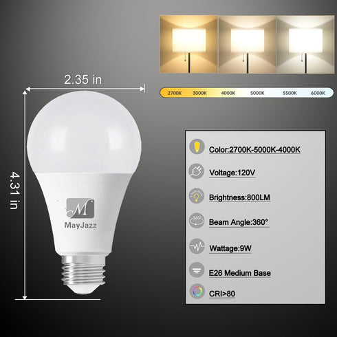 3 Color Temperature LED Light Bulb, A19 3CCT Color Changing, Energy Saving 9W (60W Equivalent), 810LM, E26 Base