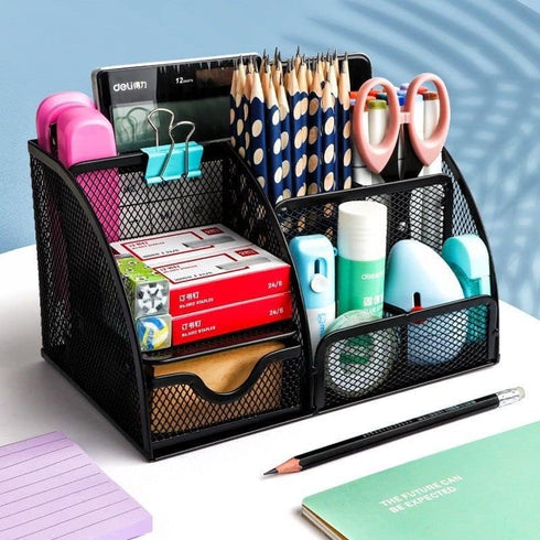 Metal Mesh Desk Organizer - Stationery Pen Holder, Pencil Pot, Makeup Brush Organizer for Home Office (Black)