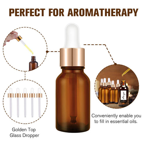 PrettyCare 15 ml Eye Dropper Bottle, 24 Pack Amber Glass Bottles with Golden Caps, Pipettes, Labels, Funnels.