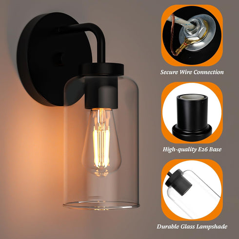 1-Light Zevluck Wall Sconce, Modern Wall Light Fixtures with Clear Glass Shade, Matte Black Bathroom Vanity Light