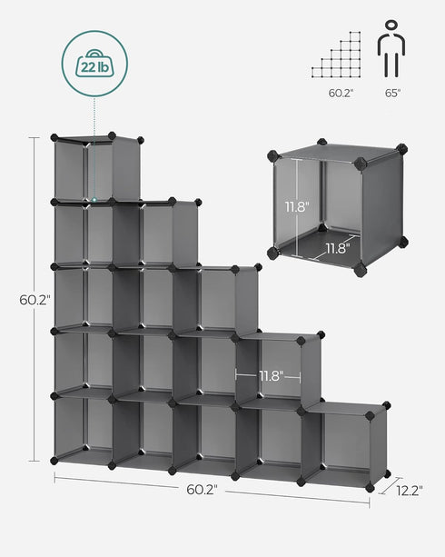 SONGMICS Cube Storage Organizer, Set of 16 Plastic Cubes, Gray, 12.2 x 48.4 x 48.4 Inches, Book Shelf, Closet Organizers