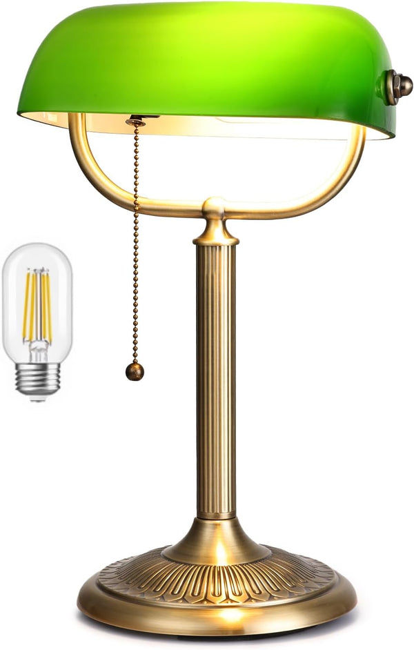 1-Minute Quick-Change Shade Classic Green Glass Bankers Desk Lamp for Study, Office,