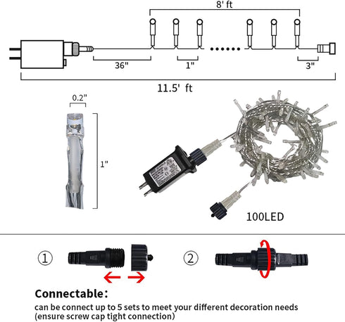 LED Christmas Tree Lights, 100 LED Mini Warm White String Lights Plug in, 8 Modes Outdoor Decorations for Party