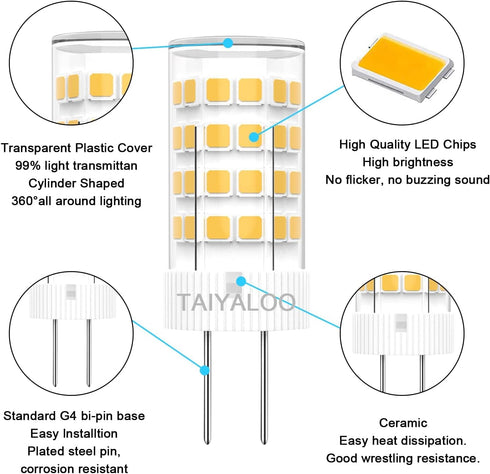 TAIYALOO G4 LED Bulbs 5W T3, 12V AC/DC JC Bi-Pin Base Halogen Replacement for Outdoor Landscape Lighting, Warm White
