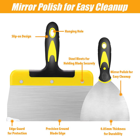 Set, 8 12" DEKEones Drywall Knife Pieces Stainless Steel Drywall Hand Tool Kit Includes Taping Knives, Putty Knives
