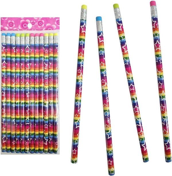 K-Toys Set of 12 Rainbow Pencils with Stars and Coloured Eraser Approximately 19