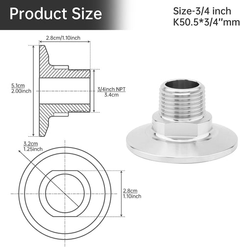 CLAHJQX 1.5 Inch 3/4 Inch 304 Tri-Clamp to NPT Male Adapter, Stainless Steel Sanitary Fitting for Brewery, Dairy