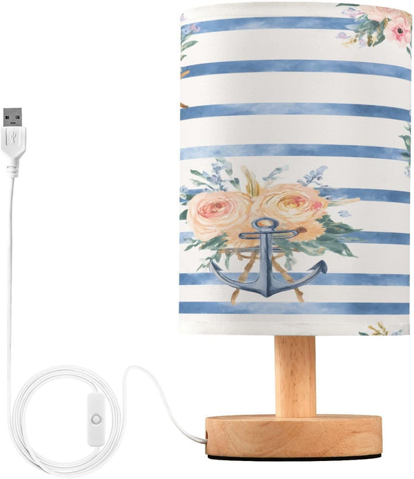 ALAZA Anchor Floral Blue Stripes Bedside Table Lamp with USB Port for