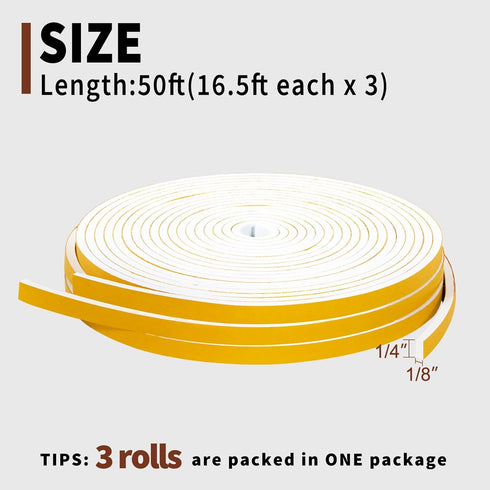 Yotache Weather Stripping for Doors and Windows, Foam Insulation Sealing Gasket Tape, 1/4" x 1/8", Total 50 Feet Long
