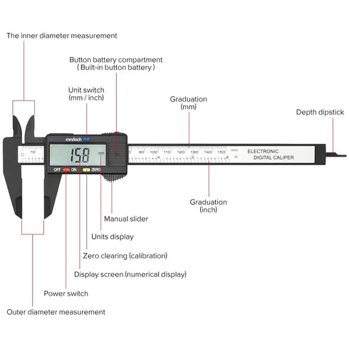 Electronic Digital Caliper, Plastic Vernier Measuring Tool with Extra Large LCD Screen, 0-6 Inch/150 mm
