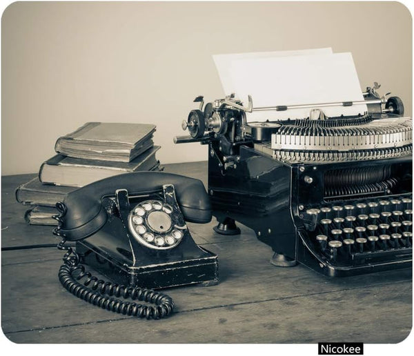Gaming Mouse Pad Vintage Phone, Old Typewriter Books on Table, Non-Slip Rubber Mouse Pad, 9.5 Inch x 7.9 Inch