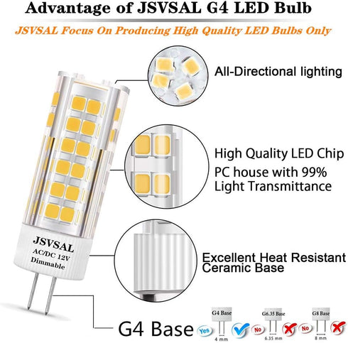 G4 Bulb Dimmable,Soft 3000K,Bi-pin T3 12V AC/DC,60-70W Path,4-Pack LED Warm White JC Type Halogen Replacement