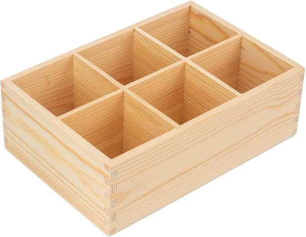 Wood Pen Holder, Unfinished Wooden Caddy with 6 Compartments for Art Supplies, Remote Control, and Desktop