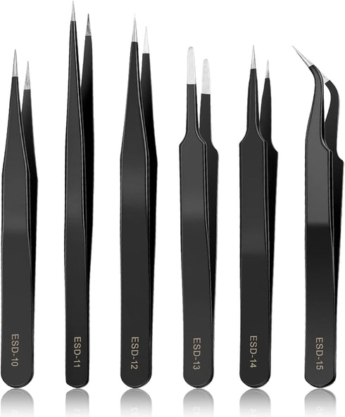 YHYZ 6pcs Precision Tweezers Set, Premium Anti-Static Stainless Steel ESD Tweezers Set Kit