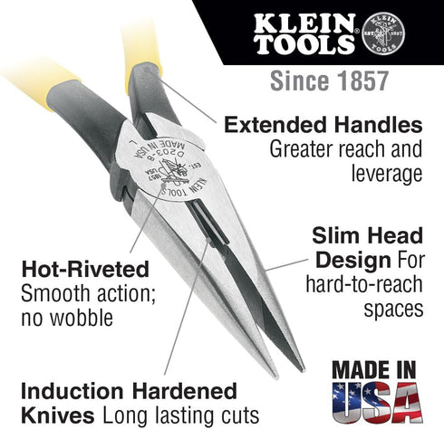 D203-7 7-Inch Klein Tools Needle Nose Pliers, Long Nose Side Cutters, Heavy Duty Alligator Pliers