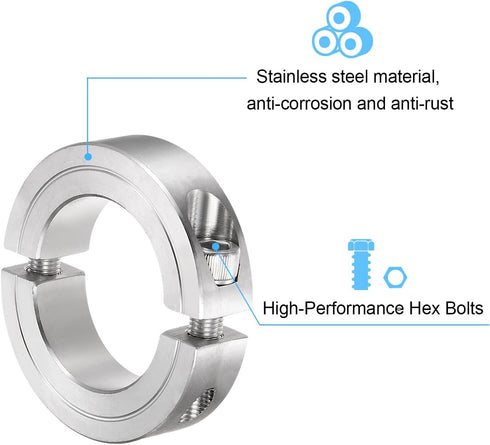 HARFINGTON Shaft Collar for 1-5/8" Rod, 2-5/8" OD, 11/16" Width, 304 Stainless Steel Double Split Axle Clamp-On Collar