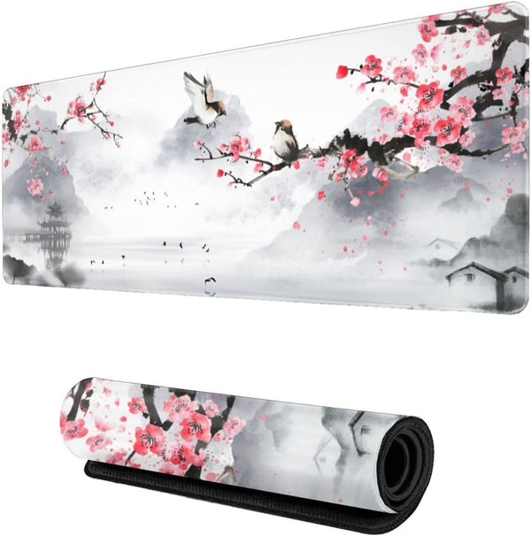 Cherry Blossom Sakura Mouse Pad - 31.5 X 11.8 Inch Pink, Non-Slip Rubber Base, Waterproof, Stitched Edges, Suitable for
