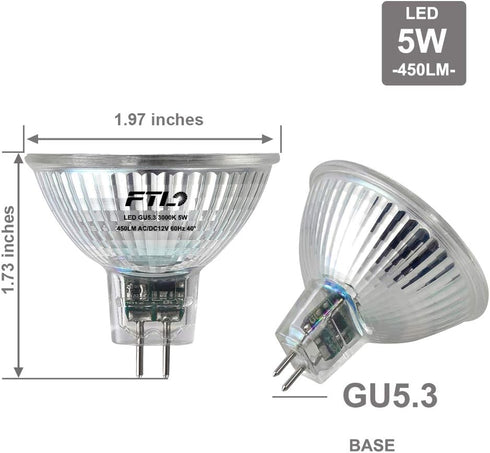 FTL MR16 LED Light Bulbs 3000K Warm White AC/DC 12V Non Dimmable Glass Cover 5W 500lm GU5.3 Spotlight 50W Halogen Replacement for Track Lighting and Outdoor Landscape 6-Pack by FTL