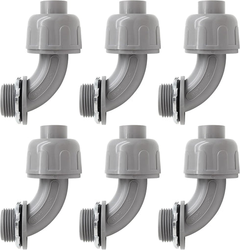 3/4 Inch NPT Liquid Tight Connector, 90 Degree Nonmetallic PVC Electrical Fitting, 6Pcs