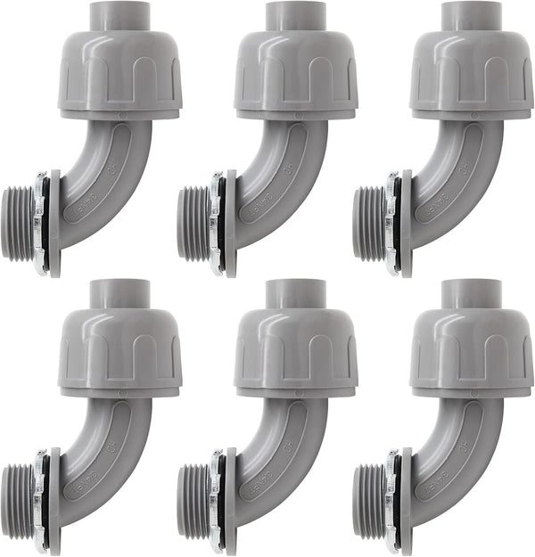 3/4 Inch NPT Liquid Tight Connector, 90 Degree Nonmetallic PVC Electrical Fitting, 6Pcs