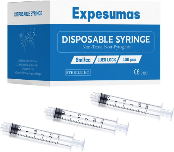 100 Pack 3ml/cc Plastic Syringe Luer Lock Tip - Liquid Measuring Tools (No Needle) - Sterile Individually Sealed