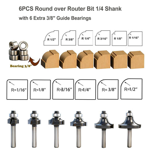 6PCS Set 6 3/8" 1/4 2-in-1 Trimming Roundover Router Bit with Extra Guide Bearings, Shank Carbide Edge Forming Bits