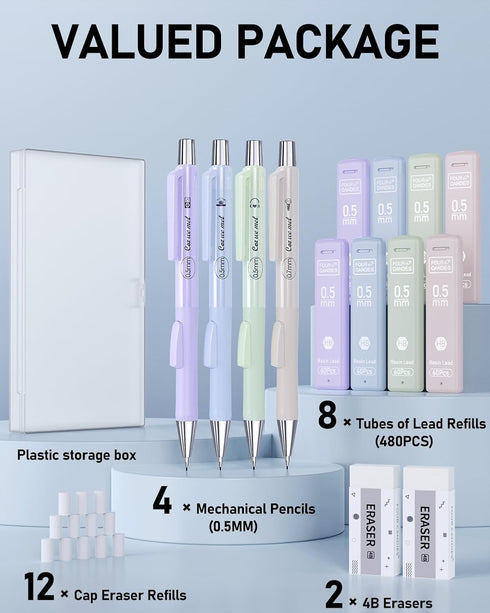 Four Candies Cute Mechanical Pencil Set, 4PCS 0.5mm Pastel Pencils with Case, 480PCS HB Lead Refills