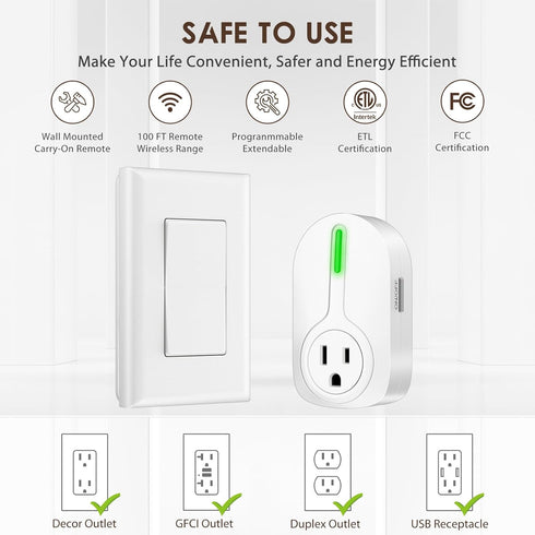 K KASONIC Wireless Remote Control Outlet, Indoor Remote Light Switch for Plug in Lamp, 100 Feet Away