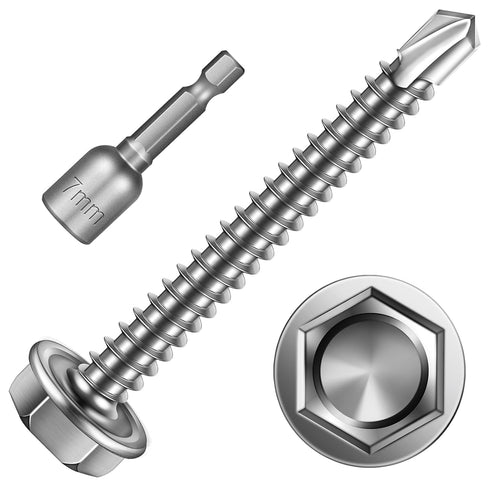 150pcs #8×1-1/2" Self Drilling Screws for Metal, 410 Stainless Steel Hex Washer Head, Corrosion Resistant