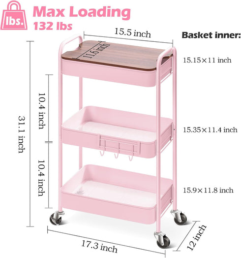 TOOLF Pink 3 Tier Rolling Cart, Metal Utility Cart with Wheels & Wooden Top, Organizer for Kitchen, Office, Bathroom