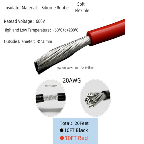 Kenhihi 20AWG 20ft, 20Gauge 10ft 10ft) Silicone Wire Ultra Flexible Stranded Wire, Tinned Copper - Battery, Automotive
