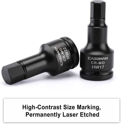 3/4 Inch Set, 5-Pieces, 14mm, 17mm, 19mm, 22mm, 24mm, 3/4" Set, CASOMAN Drive Impact Hex Driver Metric, Drive Master