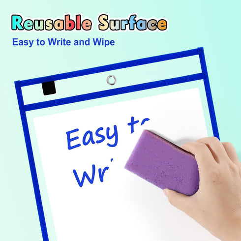 50 Packs 10x14 Inch Dry Erase Pocket Sleeves, Reusable Clear Plastic Classroom Sleeves, Ticket Holders