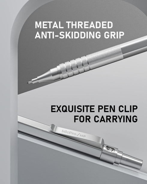 Nicpro 0.7 Metal Mechanical Pencil Set with Case, 3PCS MP1000 0.7mm Artist Lead Pencil with 8 Tube HB Refills, 3 Erasers