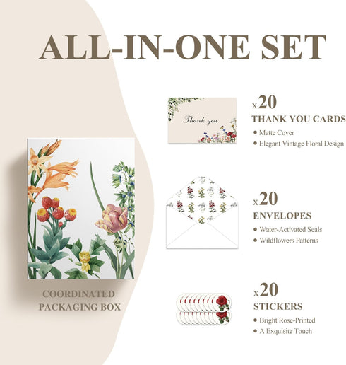 Poatel 4x6 Inch 20 Pack Thank You Cards with envelopes, Vintage Flower Blank Notes, Elegant Floral Design, Thank You