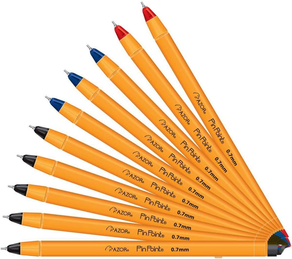AZOR Pin Point Fine Point Writing Pens, 0.7mm Ballpoint Pens Assorted, 10 Pack (5 Black, 3 Blue, 2 Red)