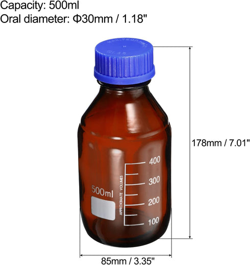 PATIKIL 500mL Reagent Media Bottle, 2Pcs Round Graduated Glass Storage Bottle Blue Screw Cap for Chemistry Lab Universities Home, Amber by PATIKIL