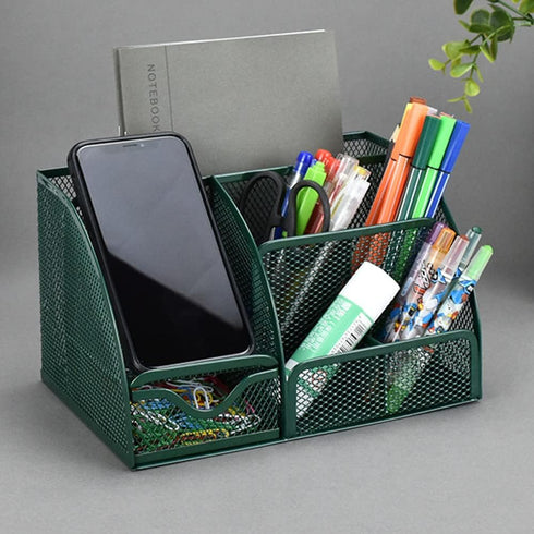 Green Desk Organizer Mesh Drawer Storage, 6 Compartments and Drawer, Desktop Caddy for Stationery, Cosmetics