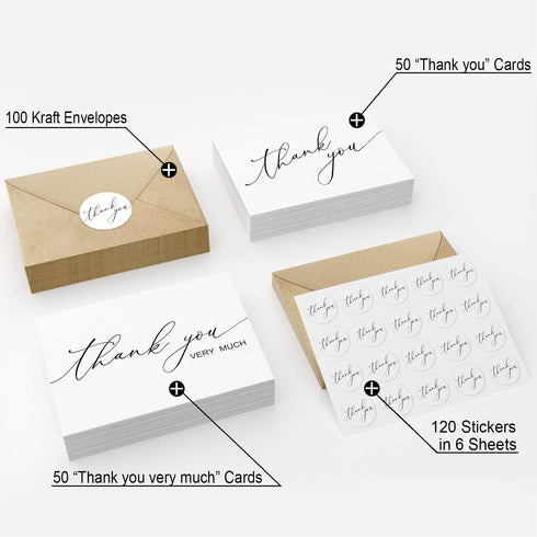 5 3.75 Inch 100-Pack, GIFTSFARM Thank You Cards with Kraft Envelopes & Stickers, x Minimalist Design, White