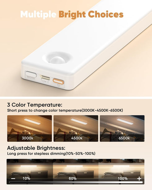 13inch 3 Closet Dimmable Counter (2 Pack) Under Cabinet Lighting, Color Temperatures Motion Sensor Light Indoor, USB