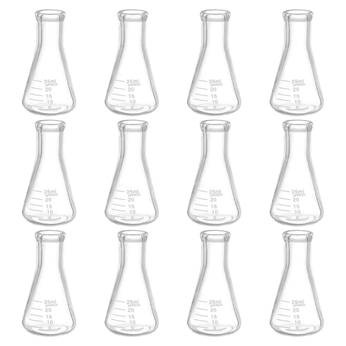 PATIKIL 12 Pcs Erlenmeyer Flask, 25ml Narrow Mouth Graduated Borosilicate Glass for Lab Chemistry Study