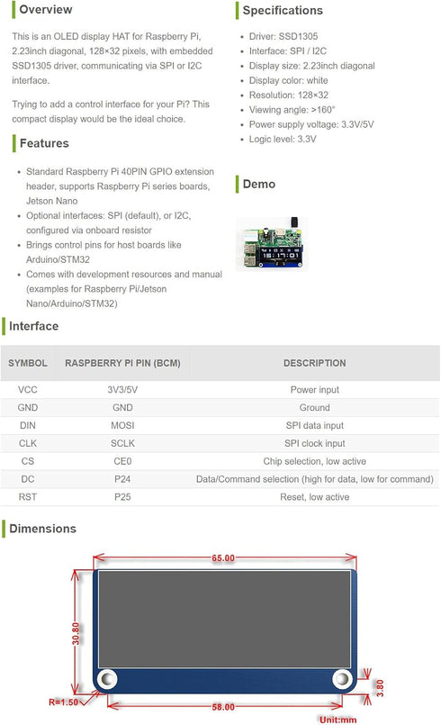 waveshare 2.23inch 12832 1305 Communicating I2C OLED Display HAT for Raspberry Pi Pixels with Embedded Driver via SPI