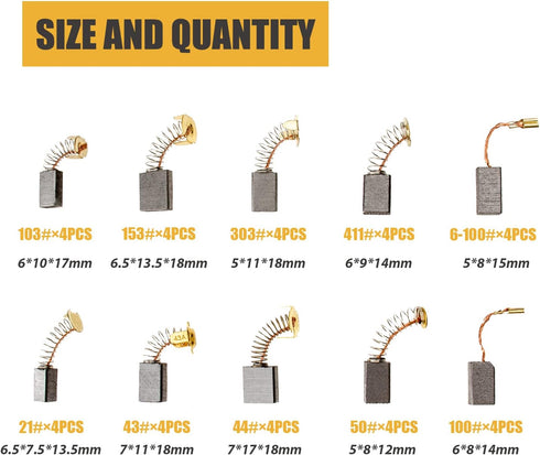 40Pcs 10 Sizes Electric Motor Carbon Brushes Replacement for Power Tool