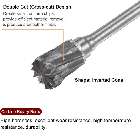 10pcs Carbide Rotary Burrs, 3/32" (2.35mm) Shank, 1/4" (6mm) Head Double Cut Inverted Cone N Shape Die Grinder Bits for
