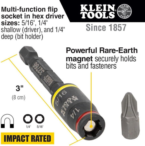 Klein Tools 32768 Impact Driver Set, 3-in-1 SAE Impact Socket and Bit Holder, Flip Socket with 1/4 Nut Driver and 5/16 Nut Driver Hex Sizes, 3 and 5-Inch Lengths, 2-Piece by Klein Tools