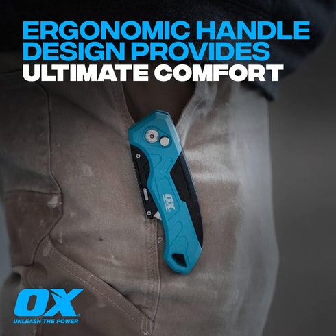 OX Tools Pro Heavy Duty Fixed Blade Folding Knife with Easy Change Blade Button - Quick Fold Action & Strong