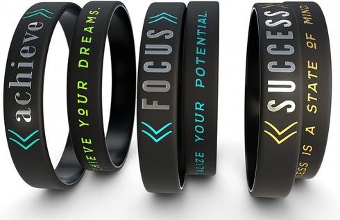 Inkstone 6-Pack Motivational Silicone Wristbands - Success, Achieve, Focus - Adult Unisex Size for Men Women
