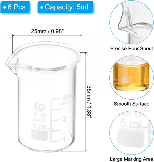 PATIKIL 5ml Low Form Glass Beaker, 6Pcs 3.3 Borosilicate Glass Beakers Graduated Measuring Cup with Spout for Lab Experiment, Cooking and Baking, Clear