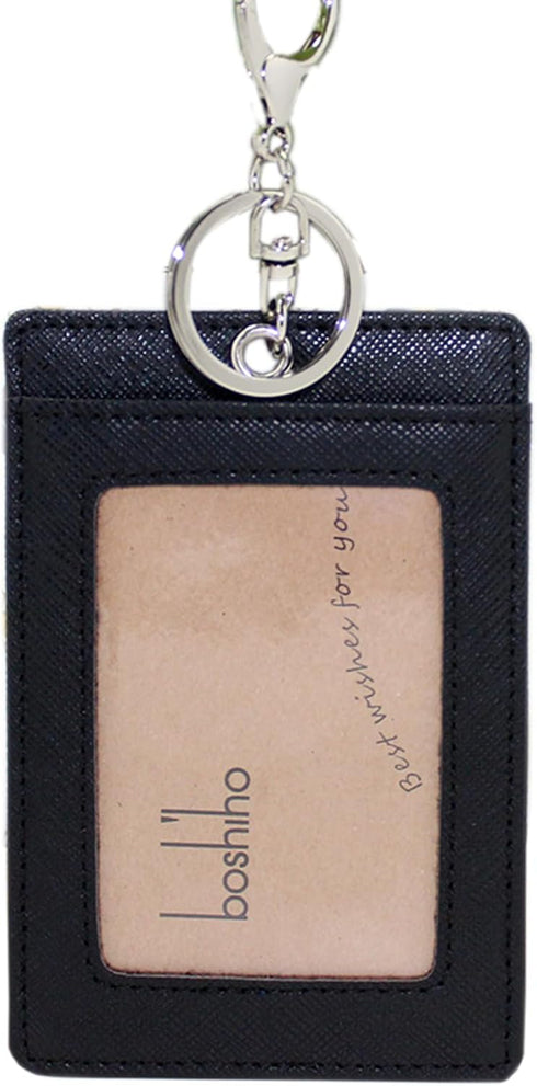 Boshiho Vertical Style Leather ID Card Badge Holder with Keychain